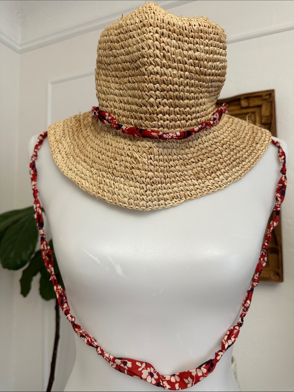 Zara Natural Straw Sun Hat with Red Floral Tie